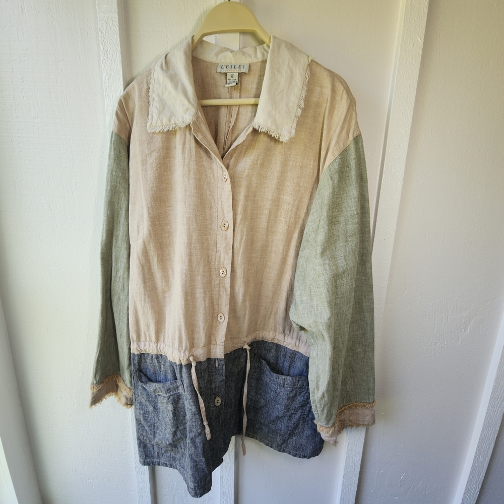 LEILEI Collection Linen Blend Collared Button Front Top Boho Color Block Size 2X